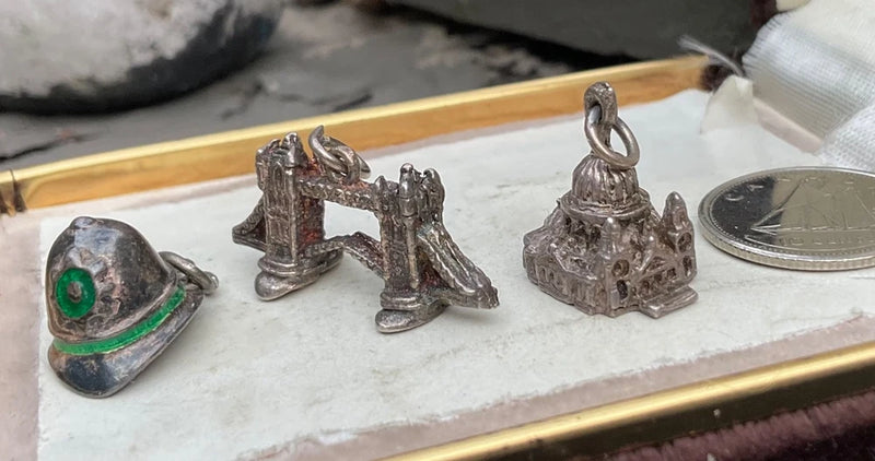 Vintage Sterling Charms LONDON ENGLAND ST PAULS BOBBY HELMET TOWER BRIDGE Lot Charms