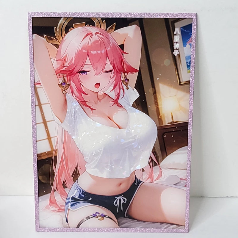 Yae Miko Waking Up Pink Glitter Waifu Card Anime Girl Wall Art Oversize Board A5 Model