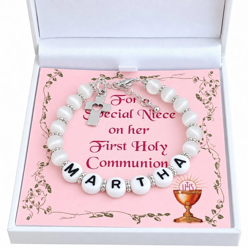 Girls First Holy Communion Bracelet. Personalised Bracelet with Special Gift Box Charms