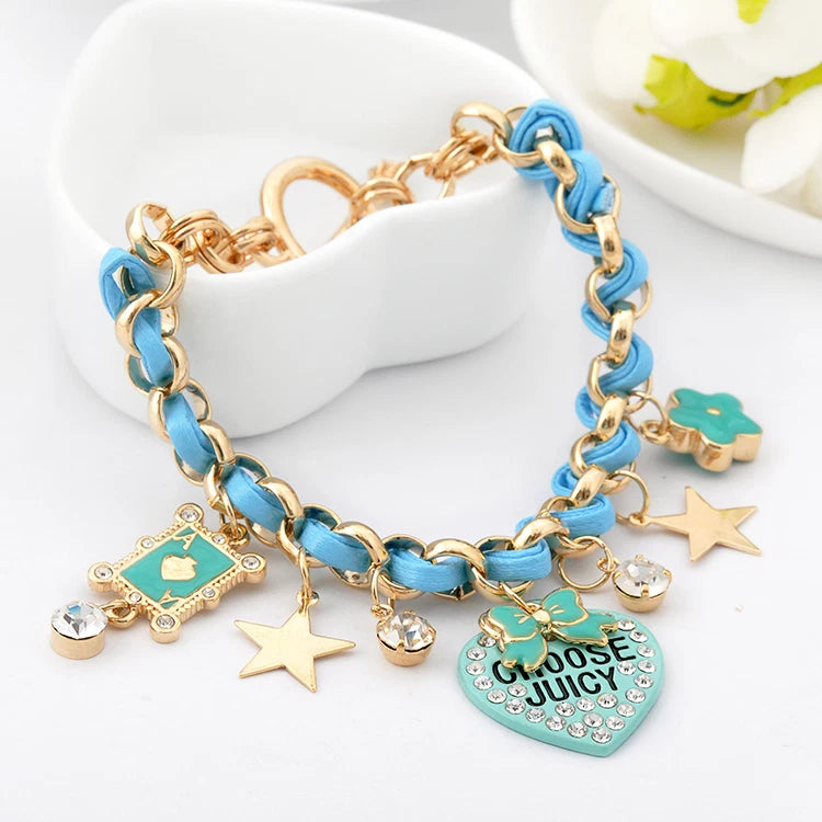 18K Gold GF Lucky Ace Flower Swarovski Crystal Heart Pendants Charms Bracelet Charms