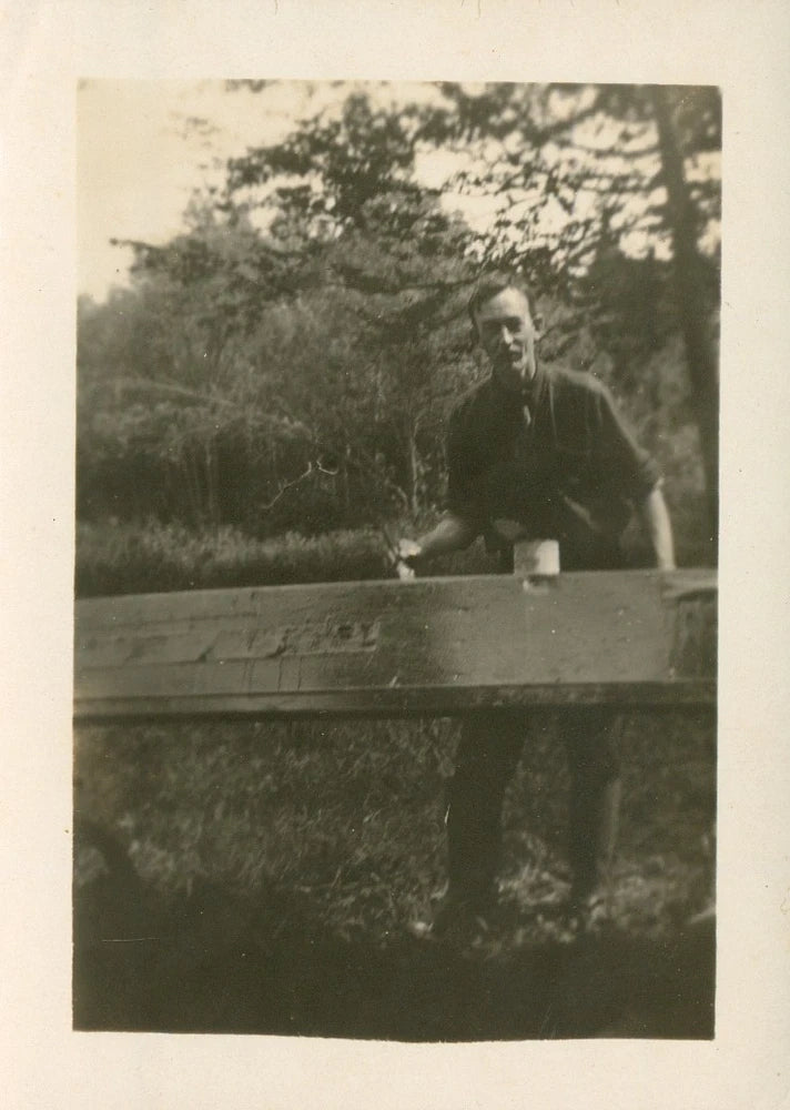 Vtg B&W Snapshot Man Painting Long Wooden Bench Board Outdoors Trees 1930s Model