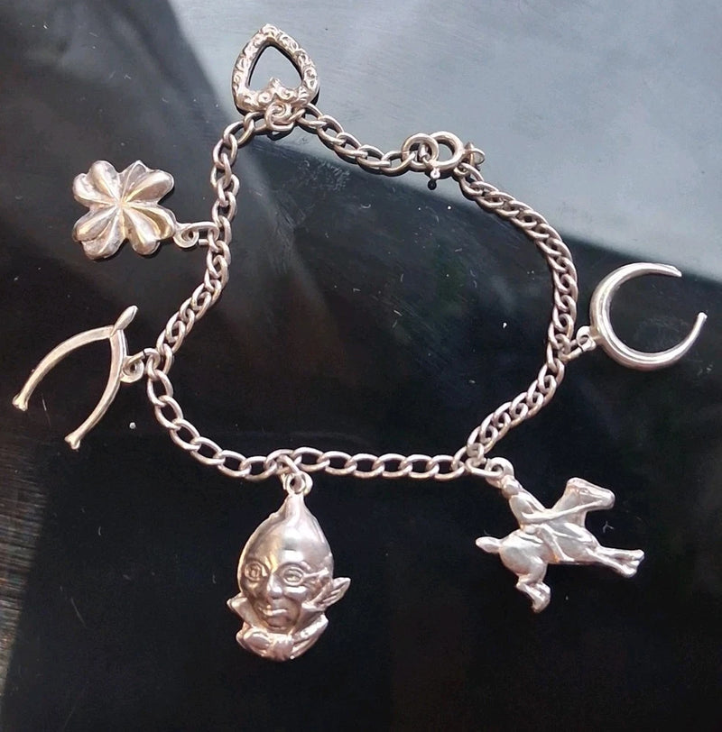 Sterling silver whimsical good luck vintage charm bracelet 6.5" 4 leaf clover Charms