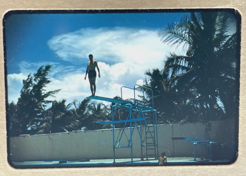 1950s Red Border 35mm Slide Trunked Man On Diving Board Above Swimming Pool Model