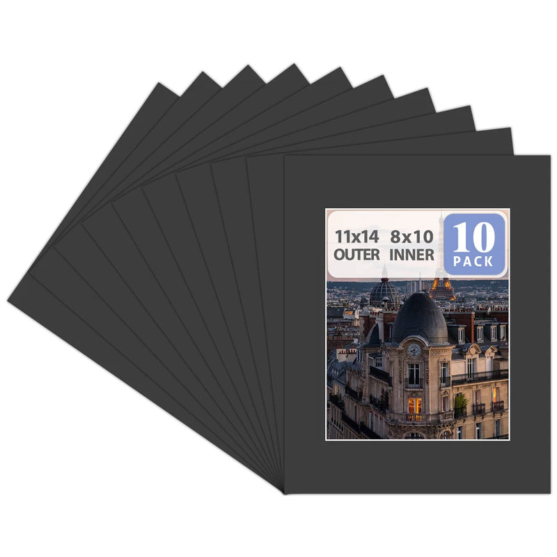 10 Pack 11x14 Black Picture Mat Boards Fits 8x10 White Core Bevel Cut Framing Model
