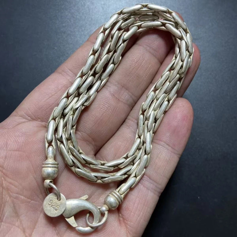 Ethnic Handmade Nepal Old Silver Necklace 925 Silver Braided Chain Vintage Charms