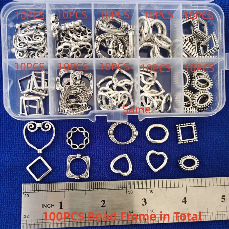 100PCS Antiqued Silver Metal Bead Frame Beads for DIY Jewelry Making Charms