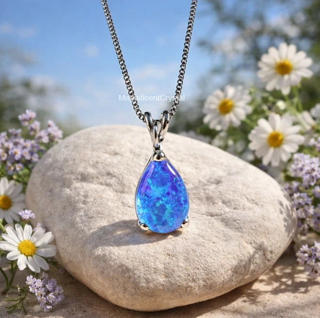 Blue Opal Teardrop Pendant Crystal Necklace Women Healing Energy Stone Jewelry Charms