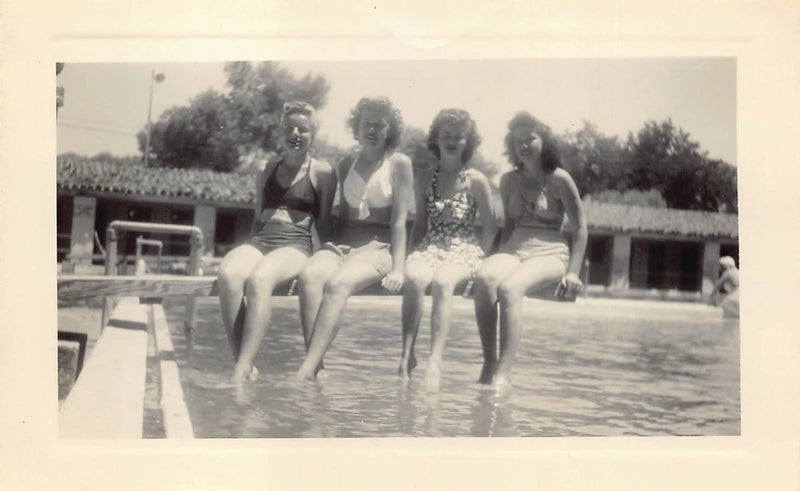 1945 Women Sitting Diving Board Swimsuit 1940s Photo Warner Hot Springs Pool Model