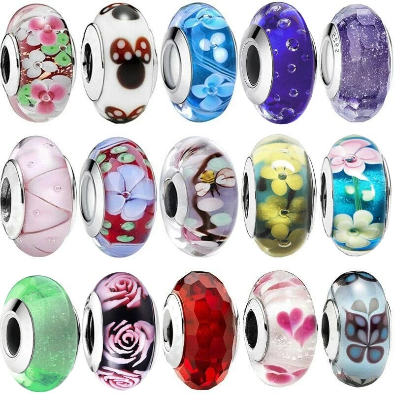 S925 Silver Charms Glass Bead Pendant Dangle For Bracelet Snake Chain Bangle Charms