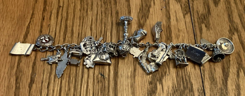 Vintage Sterling Silver 7" Bracelet with 23 charms,  69.7 grams, free Shipping Charms
