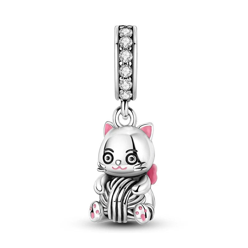 MULA Cat Playing With String Ball DIY Charm CZ For Bracelet 925 Sterling Silver Charms
