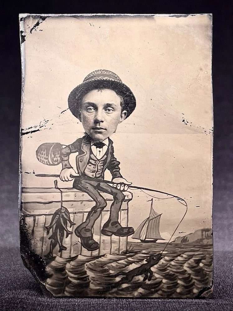 RARE 1/6 PLATE TINTYPE - A CARNIVAL CARTOON BOARD TINTYPE - MAN FISHING OFF DOCK Model