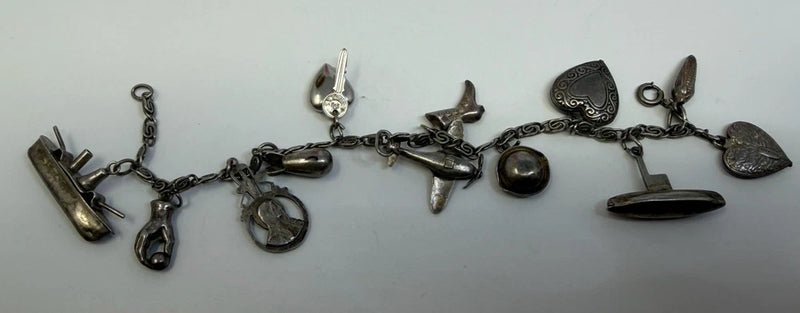 Vtg Antique Rare Assorted 12 Charms Bracelet 925 Sterling Silver Hearts, Bomb Charms