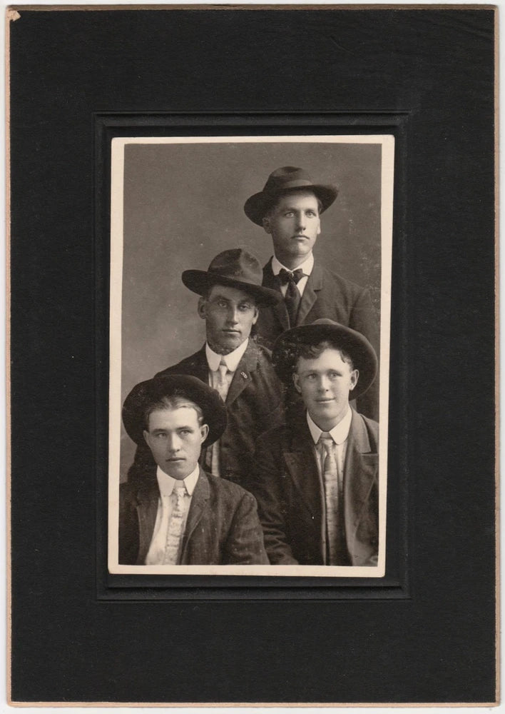 Antique Photo 4 Young Men in Hats Suits Studio Group Portrait Mounted Board Model