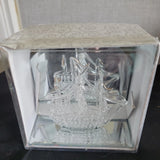 Spun Or Hand Blown Glass Figurine Of A Tall Ship On A Mirrored Display Base Model