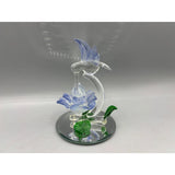 Art Glass Hummingbird on Flower Figurine on Mirrored Base Display Decor Model