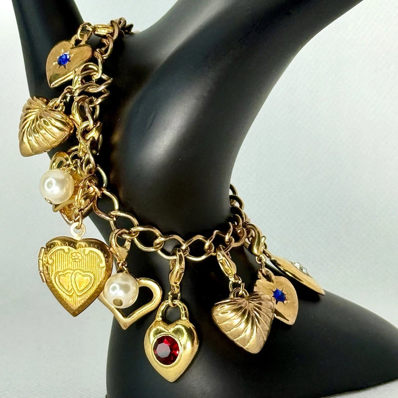 Vintage Locket Heart Charm Bracelet With Eleven Gold Tone Removable Charms Charms