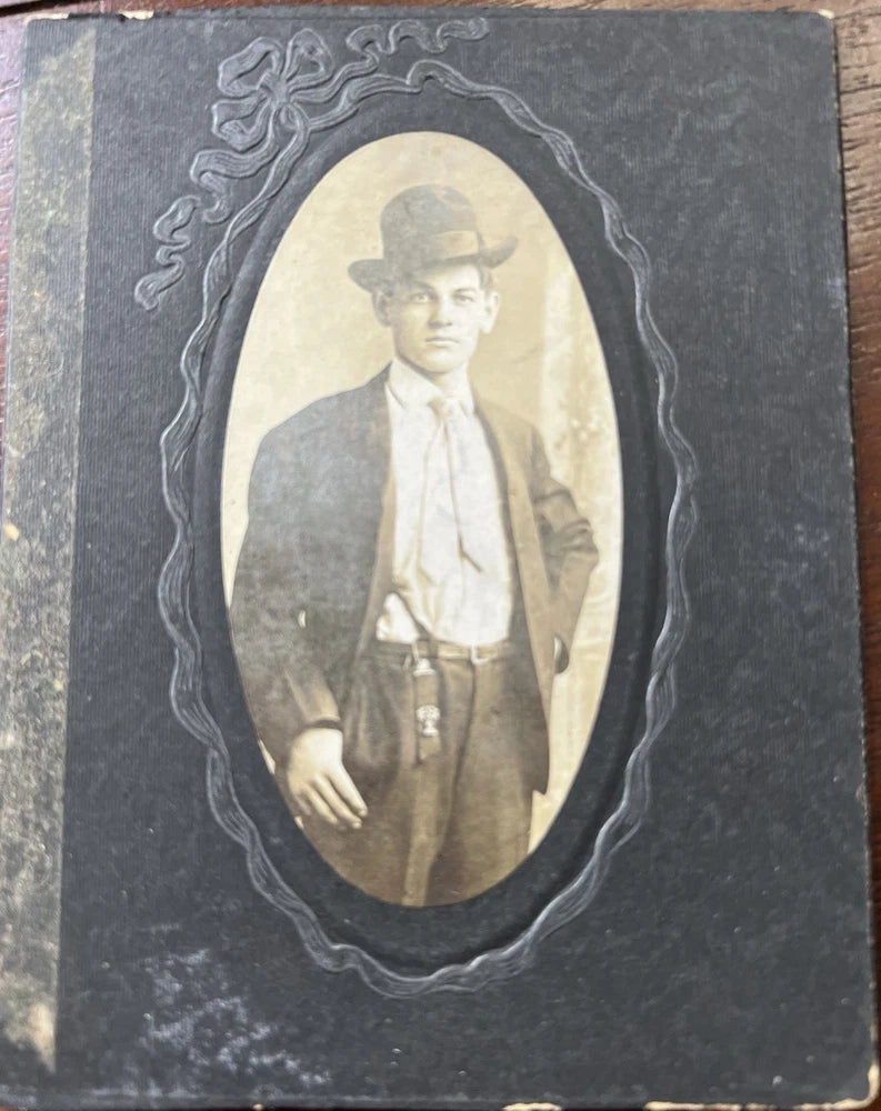 Photo on Board, Man with Upturned Brim Hat and Medal at Waist, 4x5 in Model