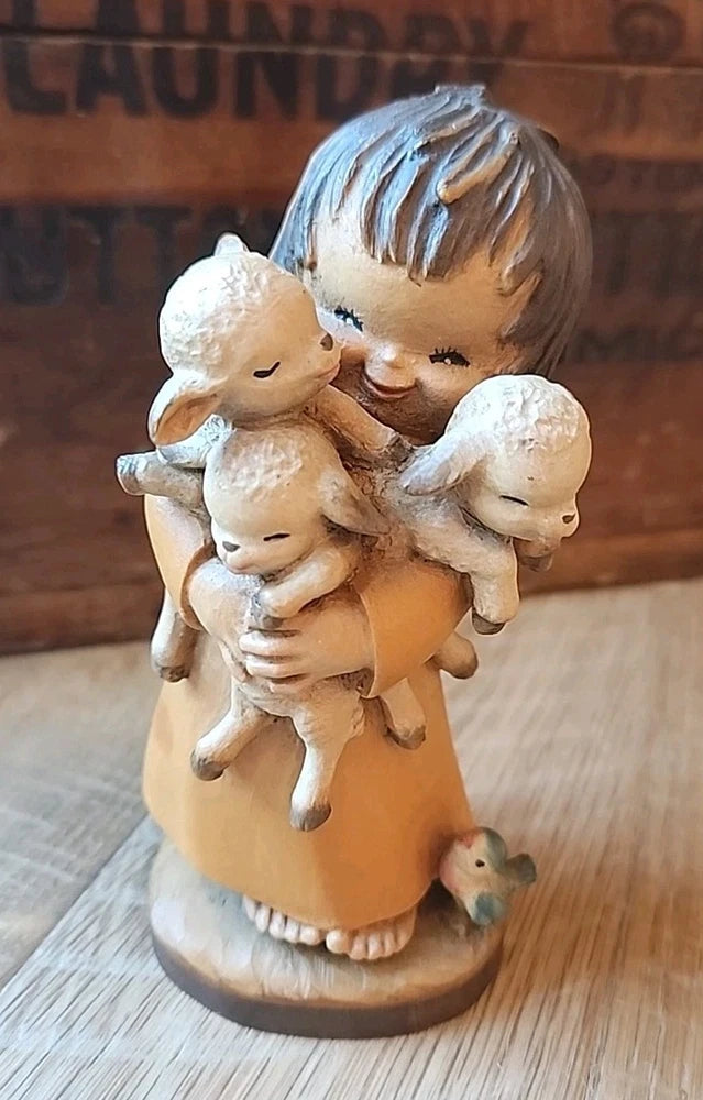 Vintage 6" Ferrandiz Anri Wood Carved Figure Spring Arrivals Girl w/Lambs & Bird Model