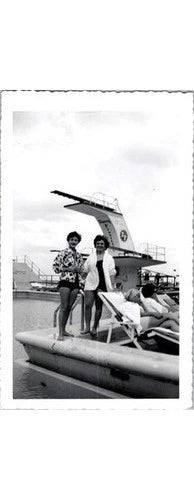 1950s Era Snapshot: Poolside Leisure Women by Diving Board Photo- Mid-Century Model