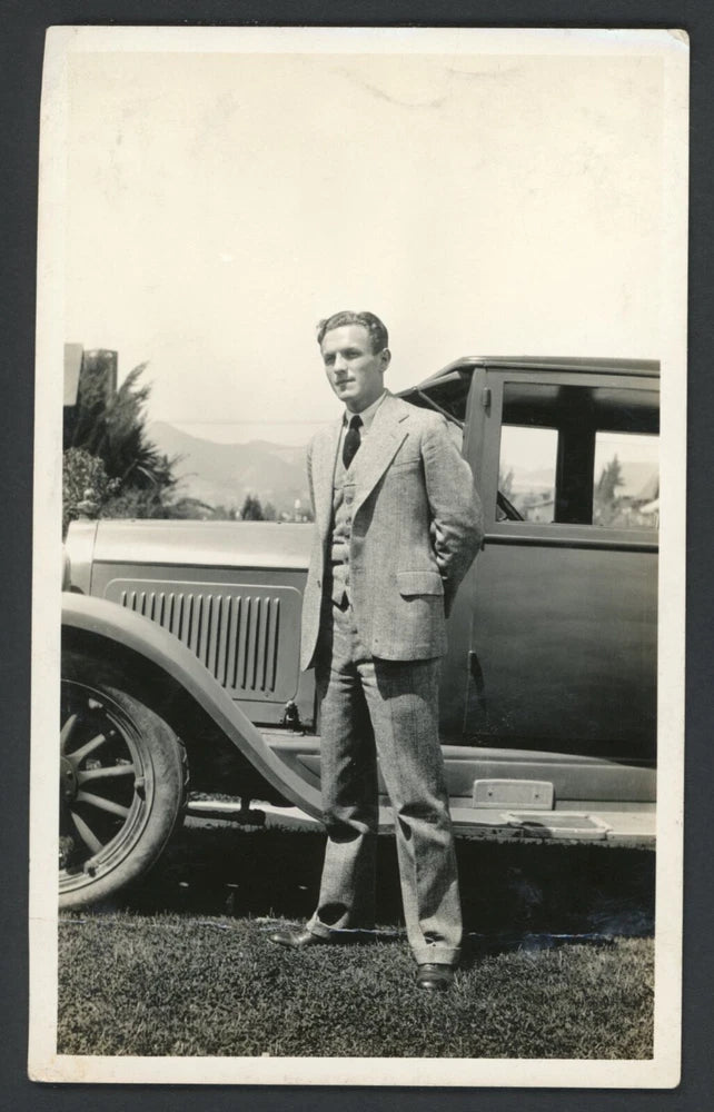 Handsome Man Suit Tie Next to Car Running Board Photo 1920s Fashion Gay Interest Model