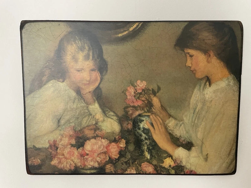 Vintage style Picture children & Roses On Board Cottagecore George Clausen Model
