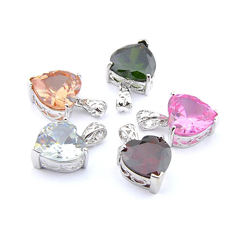 MIX 5 Pieces Heart Morganite Peridot Pink Topaz Garnet Silver Necklace Pendants Charms
