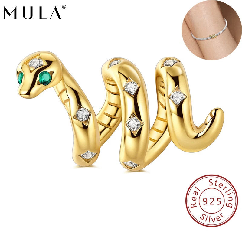 MULA 925 Sterling Silver Charm DIY CZ Sparkling Golden Snake Fit Women Bracelet Charms