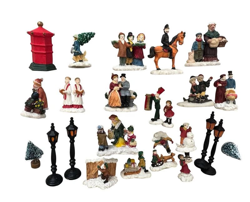Vintage 1994 Mercuries Christmas Village 35 Pc Figurines Lamp Posts Holiday Set Model