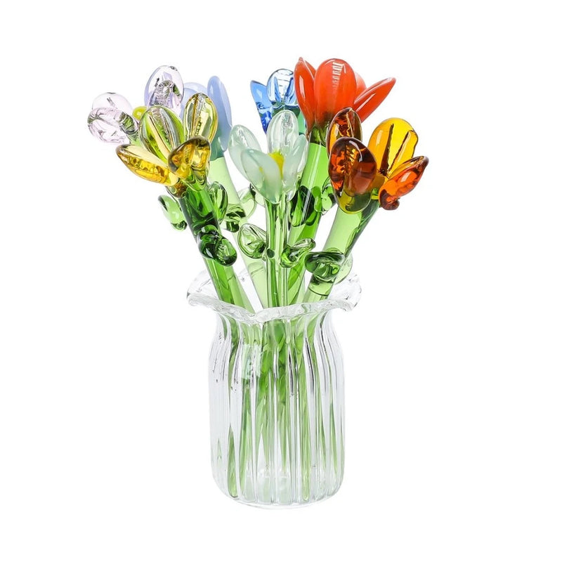 Miniature Glass Seven Flowers Figurine Collectible With Vase For Birthday Gift Model