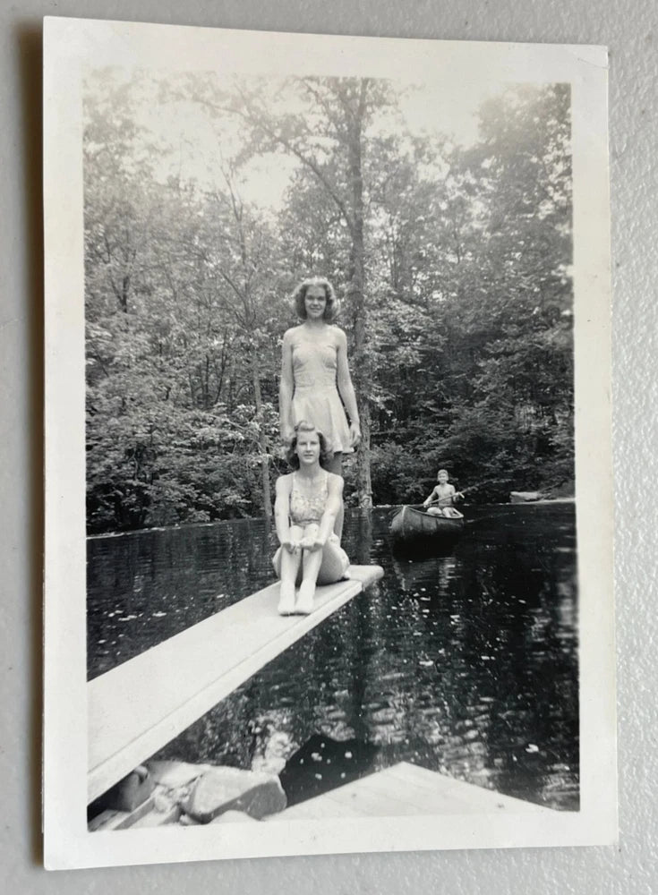 Vintage 1940s Snapshot Photo Girls Swimsuits Diving Board River Lake Canoe Model