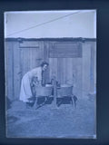 Vintage GLASS NEGATIVE Photo LADY Wash Board Clothes GALVANIZED TUB Stand smile Model