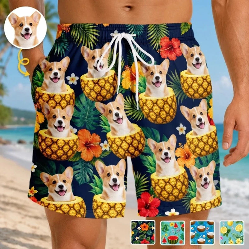 Custom Dog Cat Photo Mens Swim Trunks Personalized Hawaiian Board Shorts Gift Model