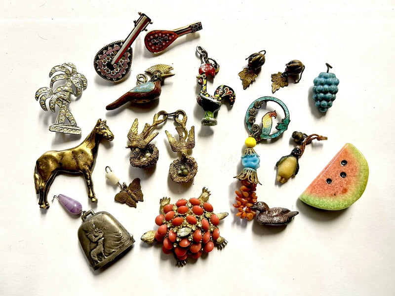 Vintage Charms & Old Pieces for Jewelry Making 17 pieces Birds Pins Silver Bell Charms
