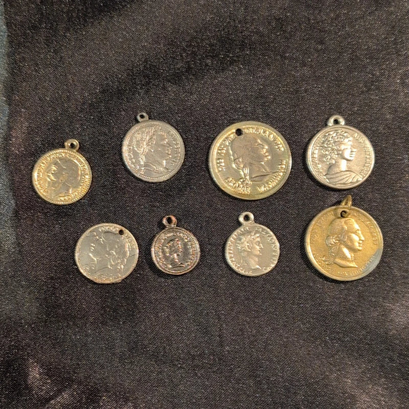 Vintage Lot 9 Coin-Style medallions mixed metals untested AI says possible 925 Charms