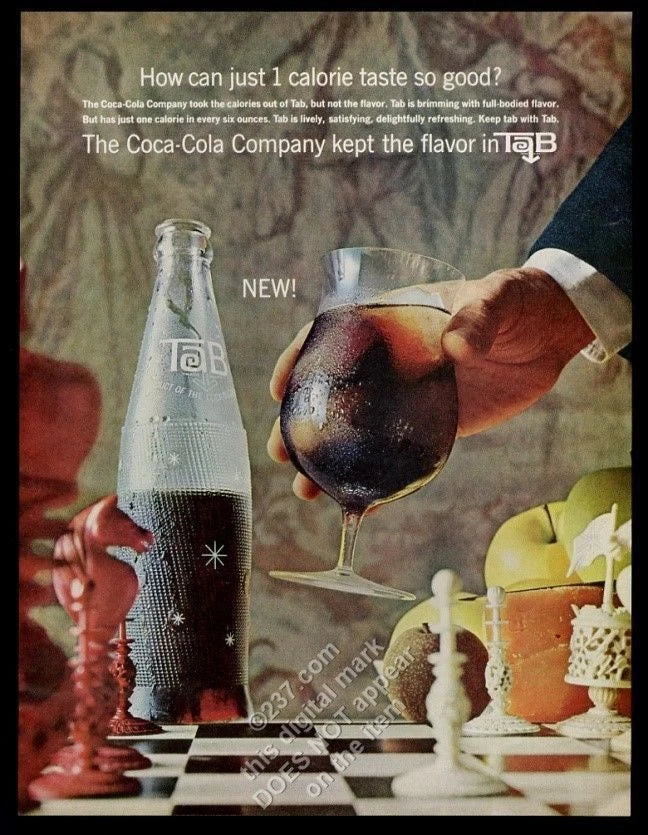 1964 Tab diet soda bottle and chess board pieces photo Coke vintage print ad Model