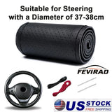 Black Genuine Leather Steering Wheel Cover Wrap Sew-on 38CM DIY Kit For Car- Model
