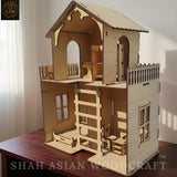 Wooden Dollhouse Plywood DIY Kit with Furniture and Ladder & A Premium Gift Model