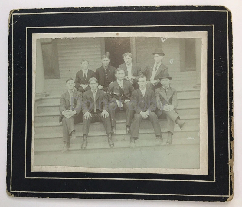 Antique Photo on Board of 9 Men Sitting on Front Porch Steps of Home / Building Model