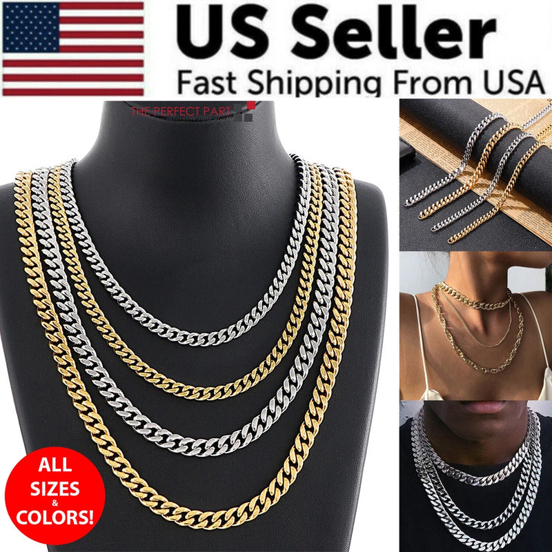 Stainless Steel Gold Silver Chain Cuban Curb Womens Mens Necklace 3/5/7/9/11mm Charms