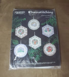 Vintage Ann Bensen Linen Chainstitching Stitch 6 Christmas Ornaments  3.5?? NIP Model