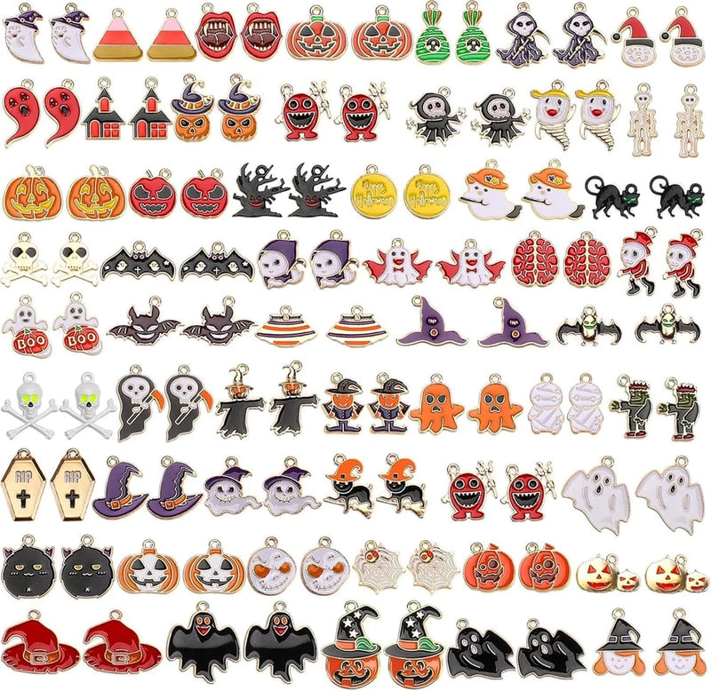 SANNIX 110Pcs 55 Pairs Halloween Charms Gold Enamel Jewelry Pendants for Hallowe Charms