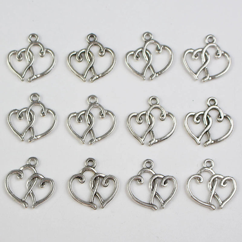 75pcs/lot Antique Silver Charms Double Love Heart Pendant for DIY Jewelry Making Charms