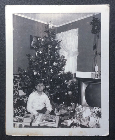 1970 Little Boy Christmas Tree JEOPARDY Board Game Vintage BW Photo Snapshot Model