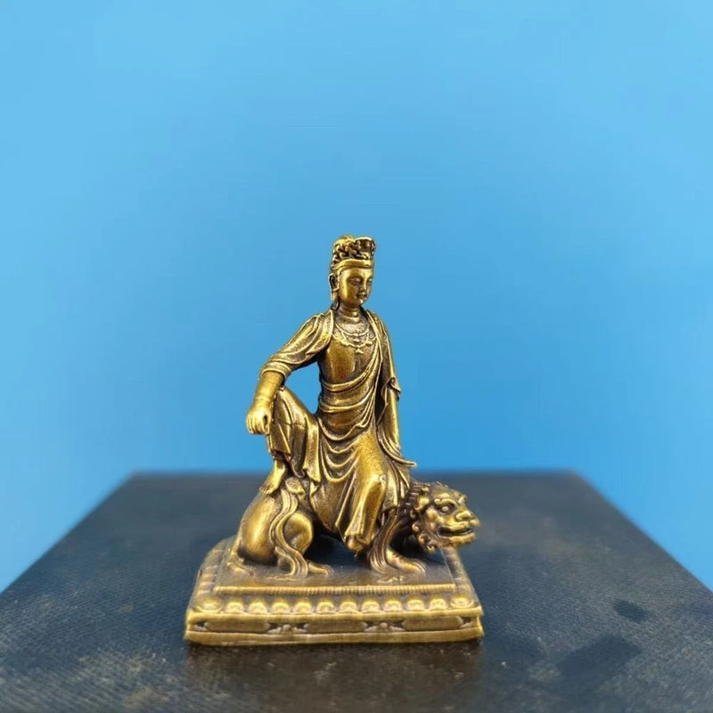 Solid Brass Manjushri Buddha Statue on Lion - Mini Buddhist Figurine Model