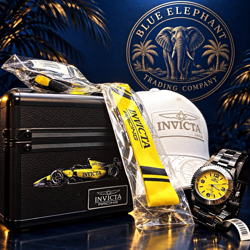 Invicta 69718 Yellow Dial Watch Collector Set Racing Case Hat 2 Keychains Model