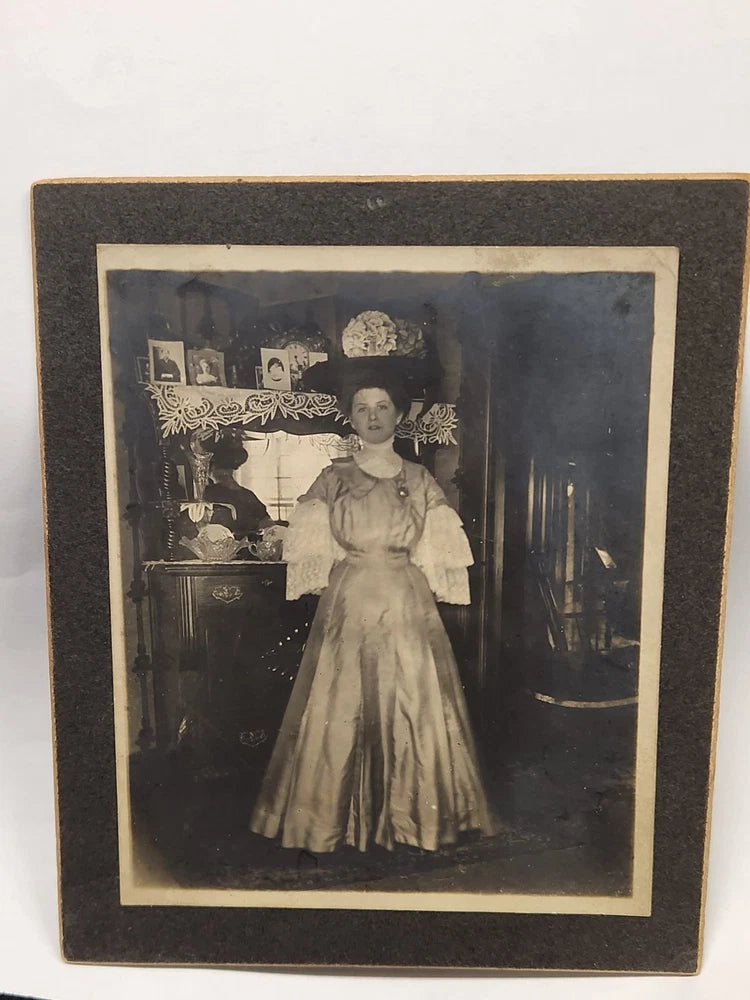 PHOTO ON BOARD Victorian Lady Woman Standing in Dress Antique Cabinet Card Model