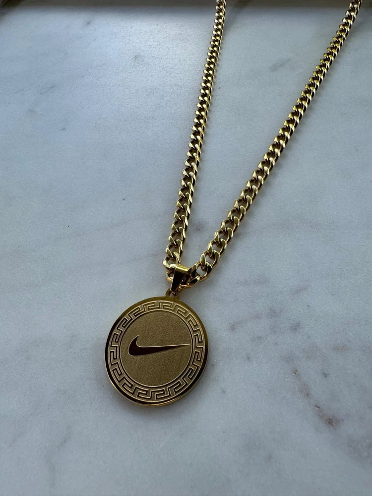 Gold Nike Necklace - Nike Swoosh Circle Pendant - 5mm Cuban - 22" Chain - Y2K Charms