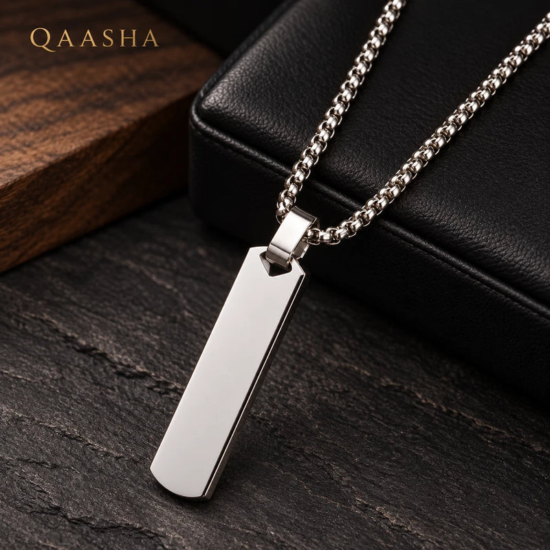 Qaasha Silver Tone Bar Pendant Necklace for Men Minimalist Rectangular Tag Chain Charms