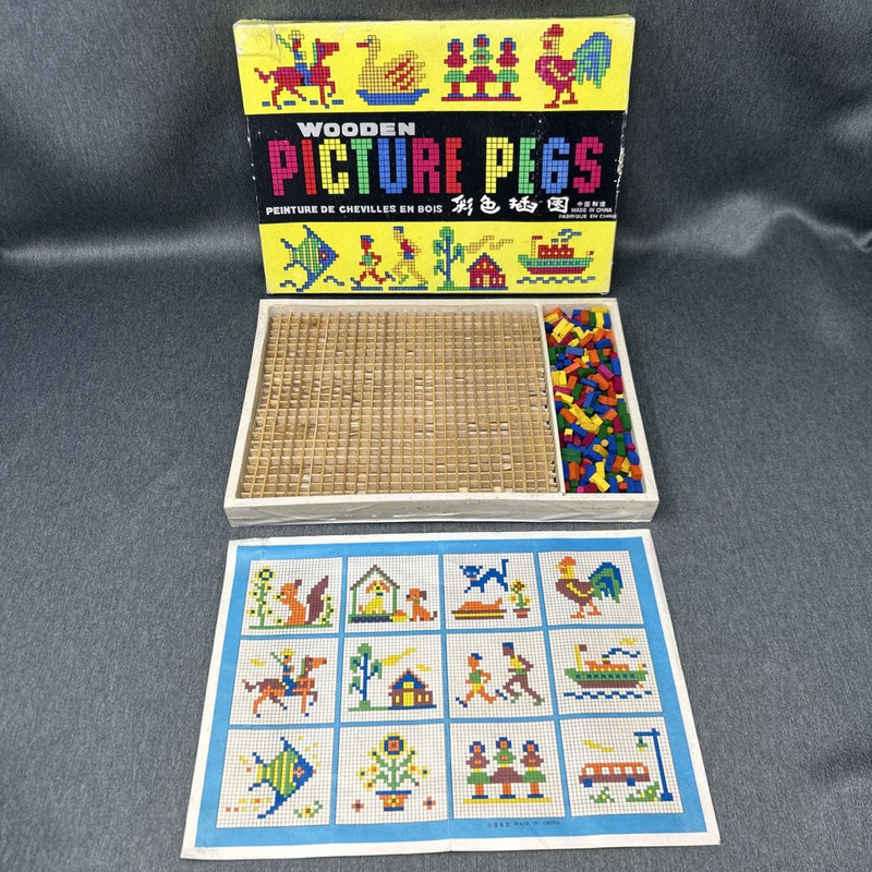 Vintage Wooden Picture Pegs Toy Set Wood Board Colorful Pegs Original Box Model